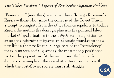 Sociological Abstracts sample abstract: The 'Other Russians.' Aspects of Post-Soviet Migration Problems -- 'Pereselency' (resettlers) are called those 'foreign Russians' in Russia -- those who, since the collapse of the Soviet Union, attempt to emigrate from the other former republics to today's Russia. As neither the demographic nor the political labor market & legal situation in the 1990s was in a position to ensure the returning migrants an adequate foundation for a new life in the new Russia, a large part of the 'pereselency' today numbers, socially, among the most poorly positioned part of the population. At the same time, their situation delivers an example of the varied structural problems with which the post-Soviet society must still struggle.